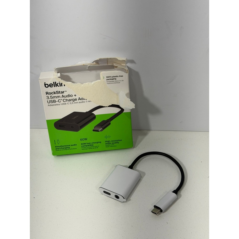 Belkin RockStar 3.5mm Audio + USB-C Charge Adapter 60W PD White NPA004btBK